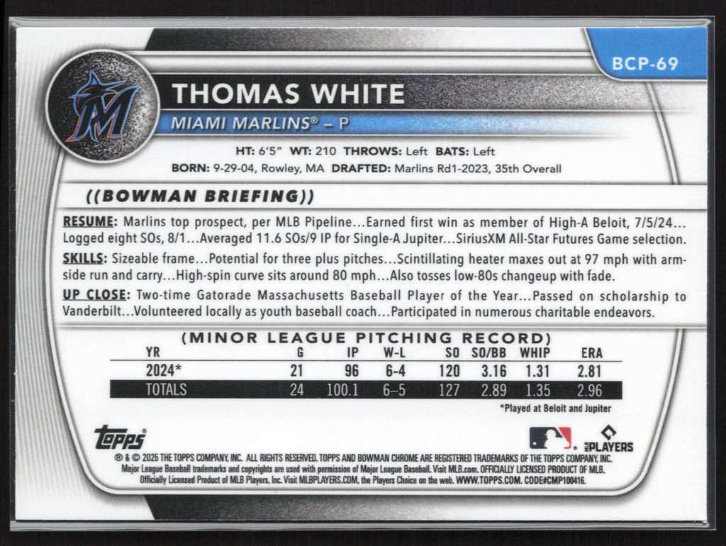 2025 Bowman #BCP-69 Thomas White Chrome Prospects