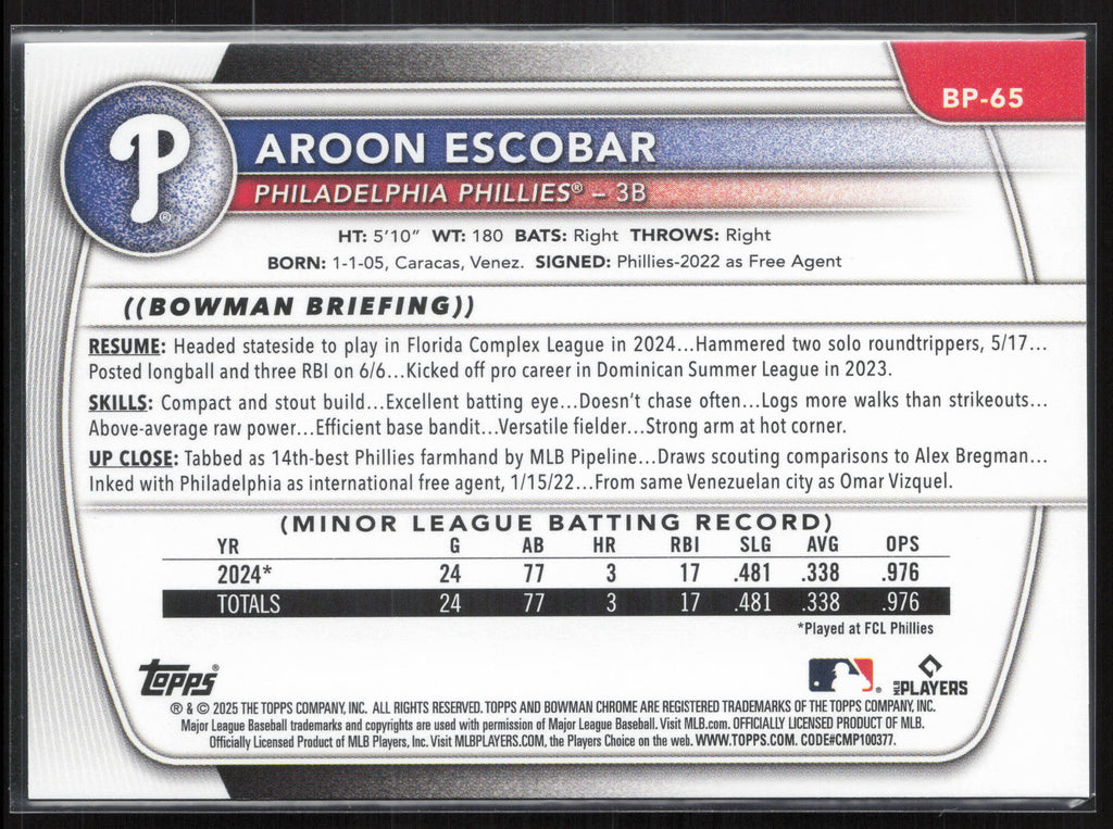 2025 Bowman #BP-65 Aroon Escobar Prospects