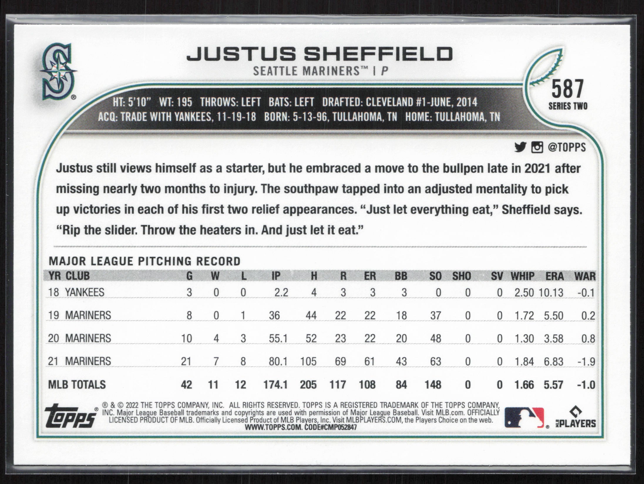 2022 Topps #587 Justus Sheffield