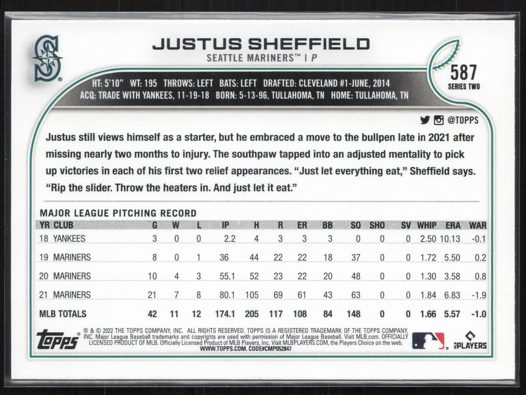 2022 Topps #587 Justus Sheffield