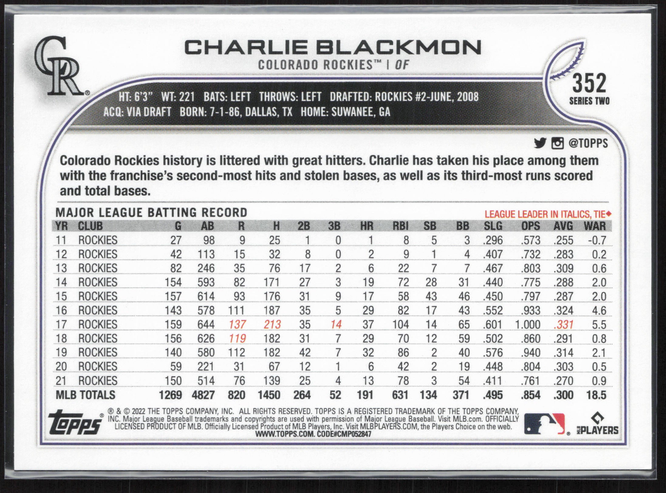 2022 Topps #352 Charlie Blackmon