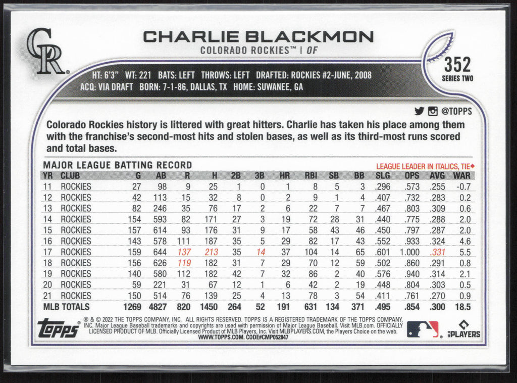 2022 Topps #352 Charlie Blackmon