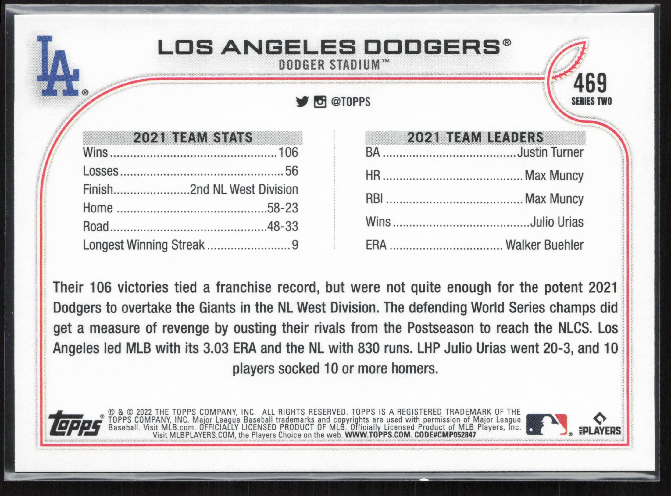 2022 Topps #469 Los Angeles Dodgers
