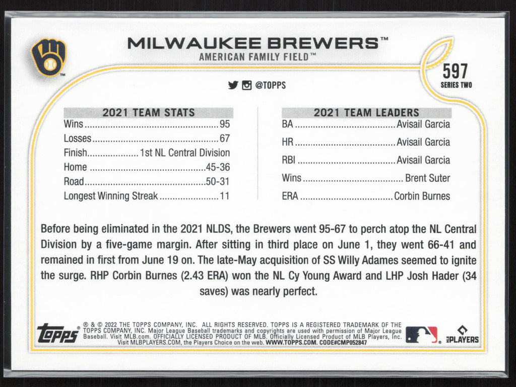 2022 Topps #597 Milwaukee Brewers