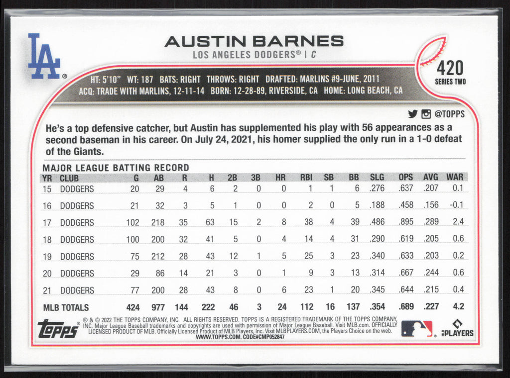 2022 Topps #420 Austin Barnes