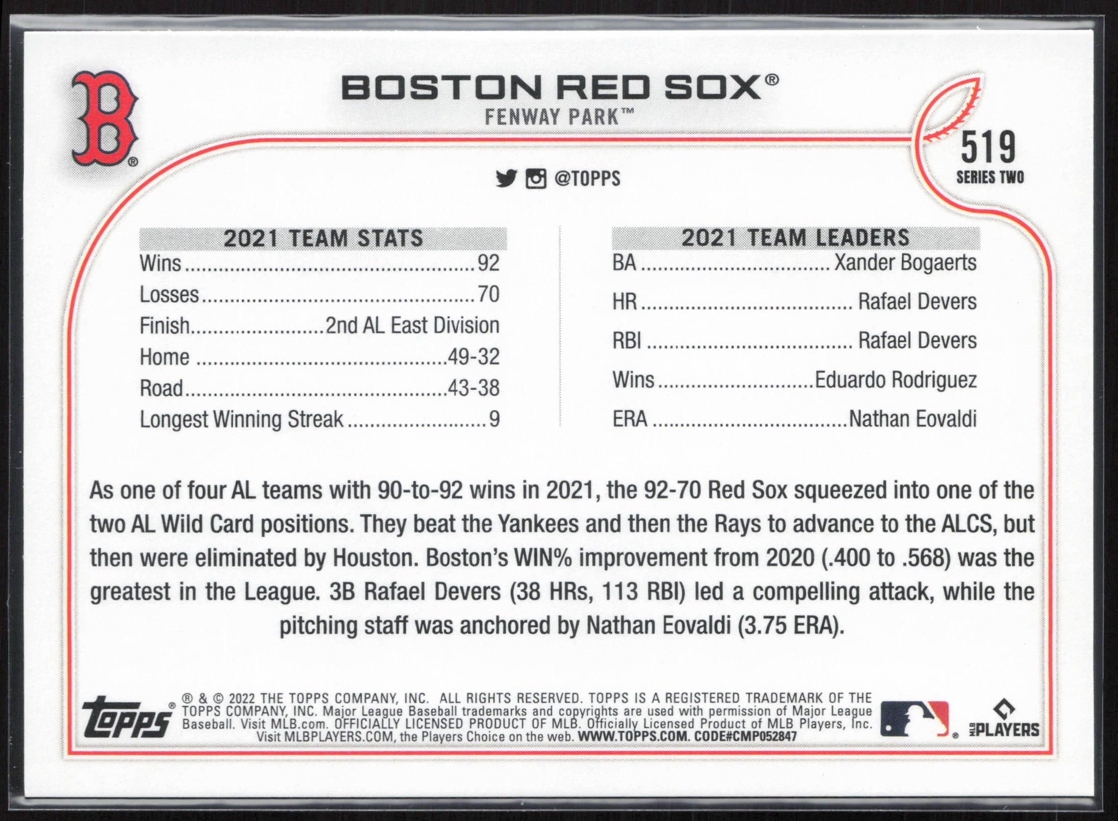 2022 Topps #519 Boston Red Sox