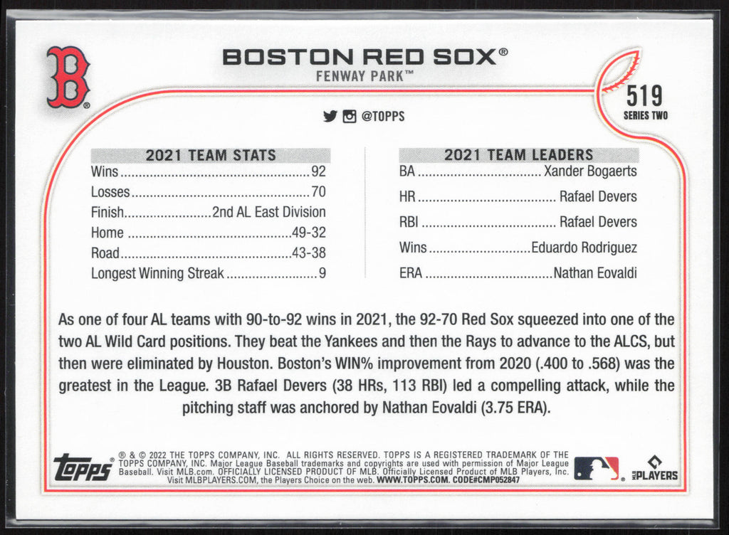 2022 Topps #519 Boston Red Sox