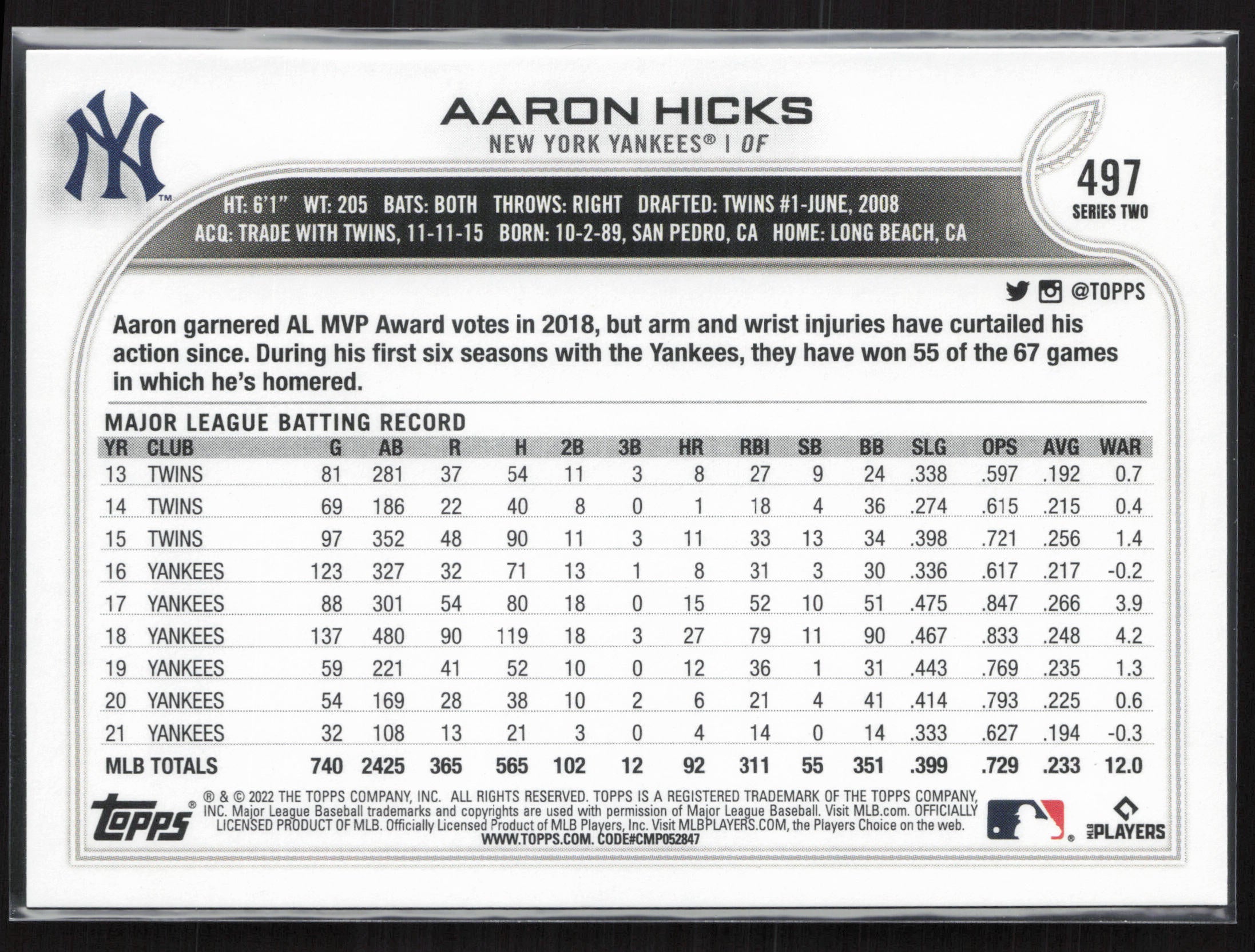 2022 Topps #497 Aaron Hicks