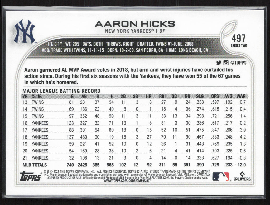 2022 Topps #497 Aaron Hicks