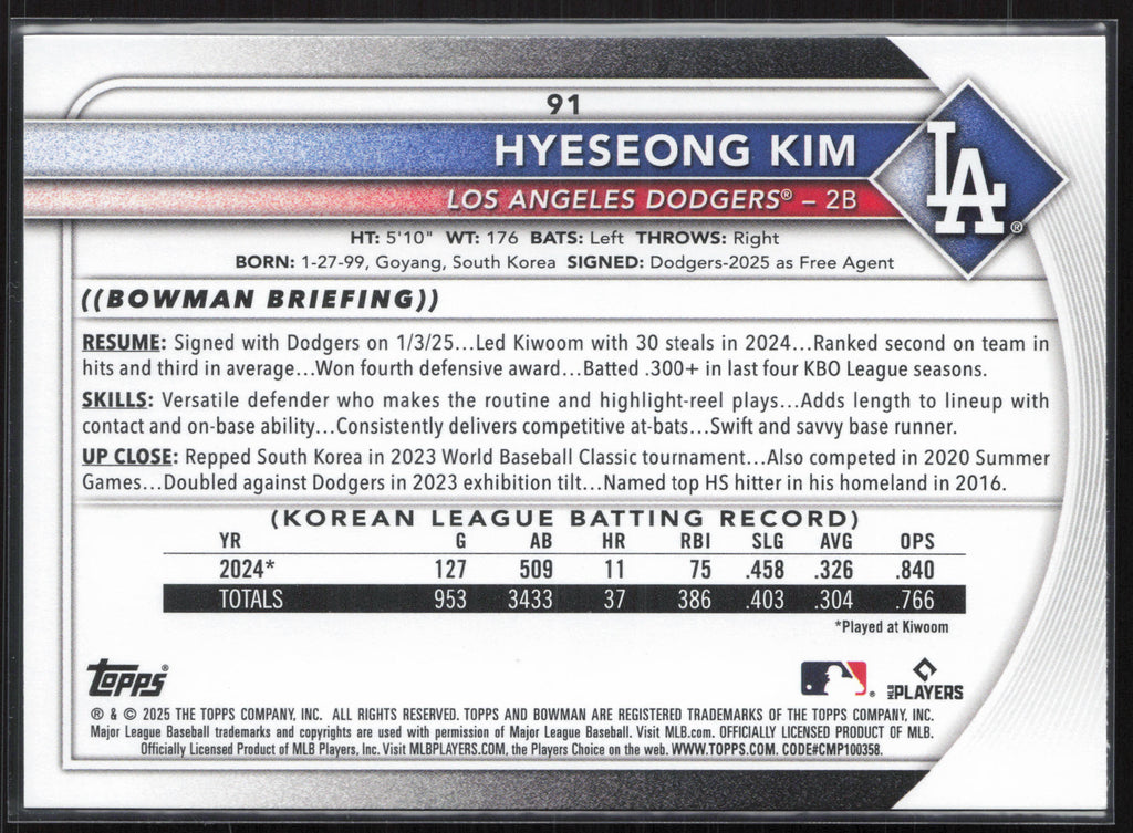 2025 Bowman #91 Hyeseong Kim