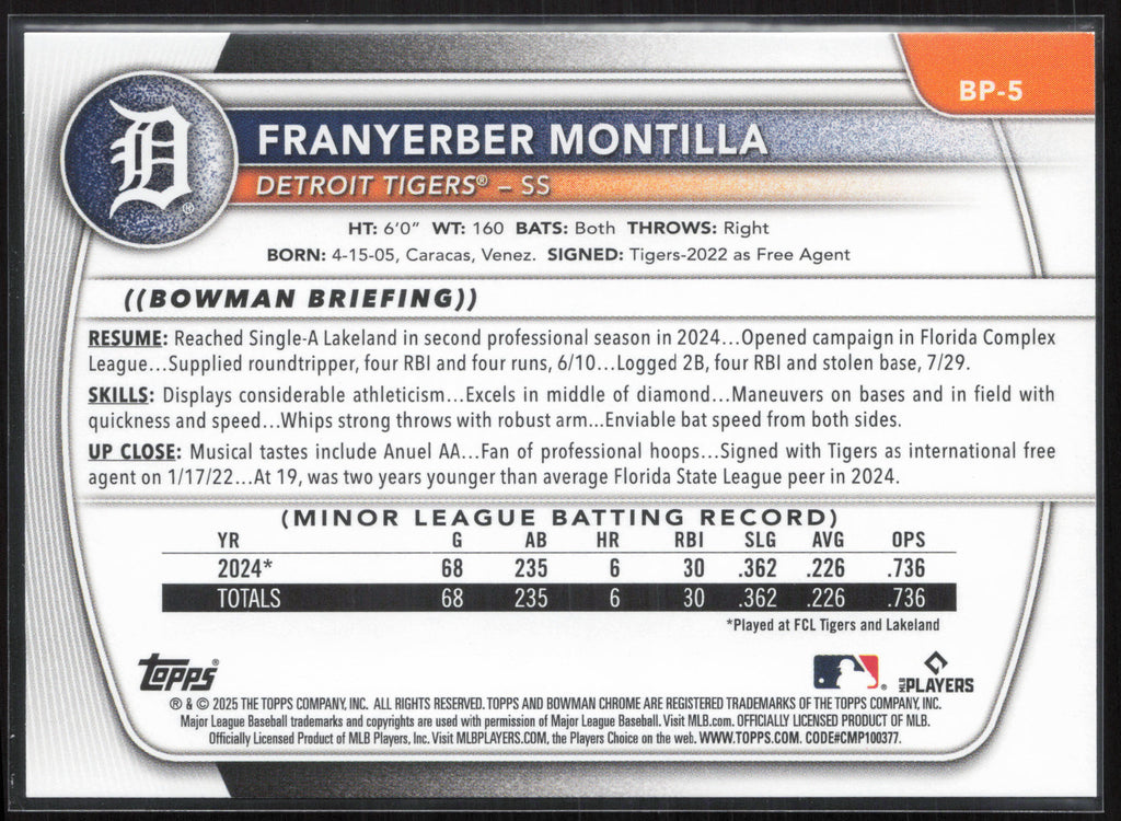 2025 Bowman #BP-5 Franyerber Montilla Prospects