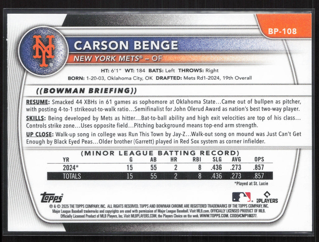 2025 Bowman #BP-108 Carson Benge Prospects