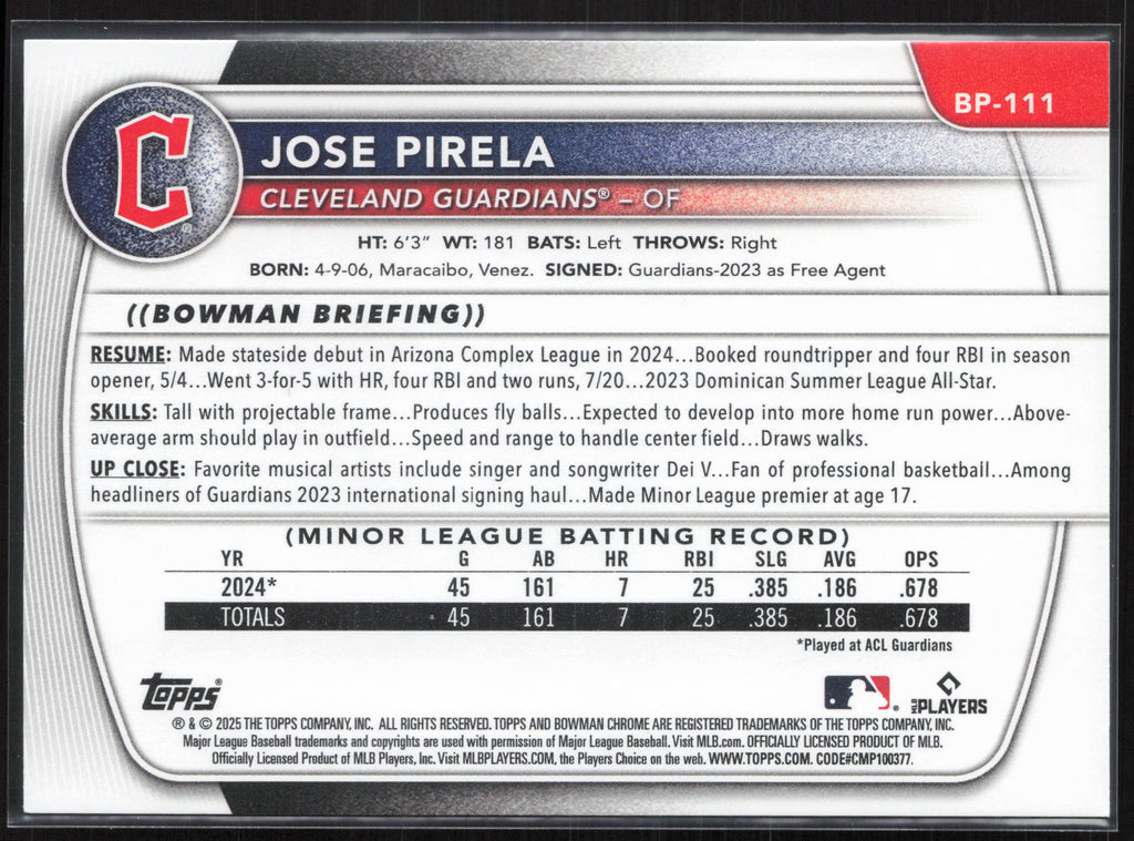 2025 Bowman #BP-111 Jose Pirela Prospects