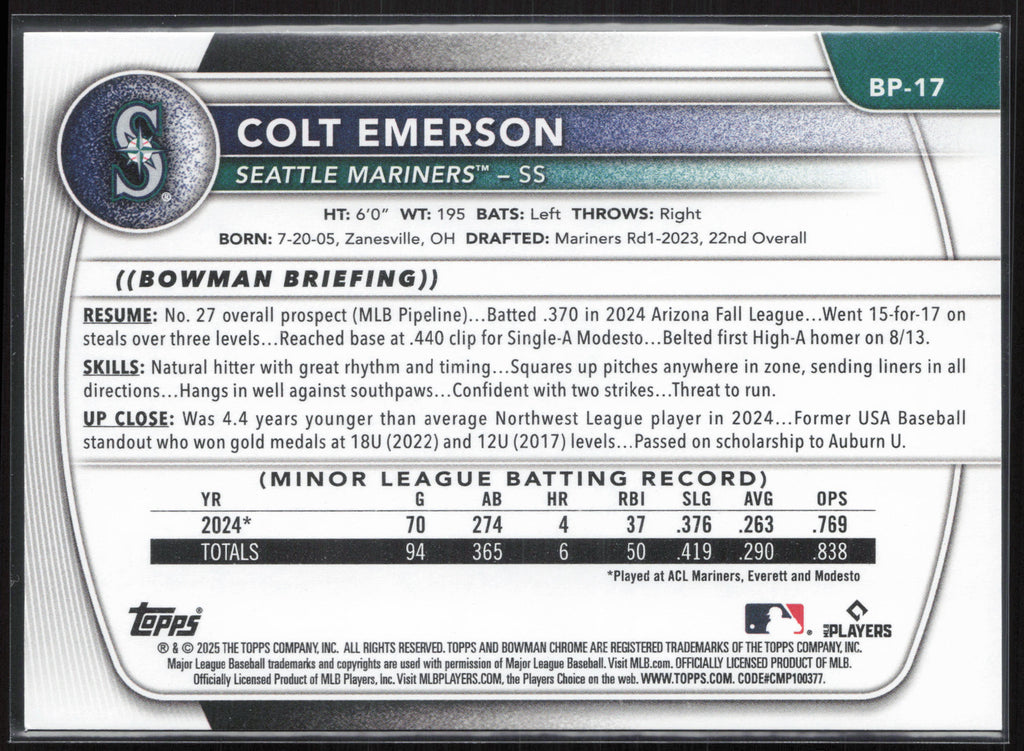 2025 Bowman #BP-17 Colt Emerson Prospects