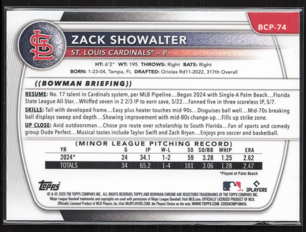 2025 Bowman #BCP-74 Zack Showalter Chrome Prospects