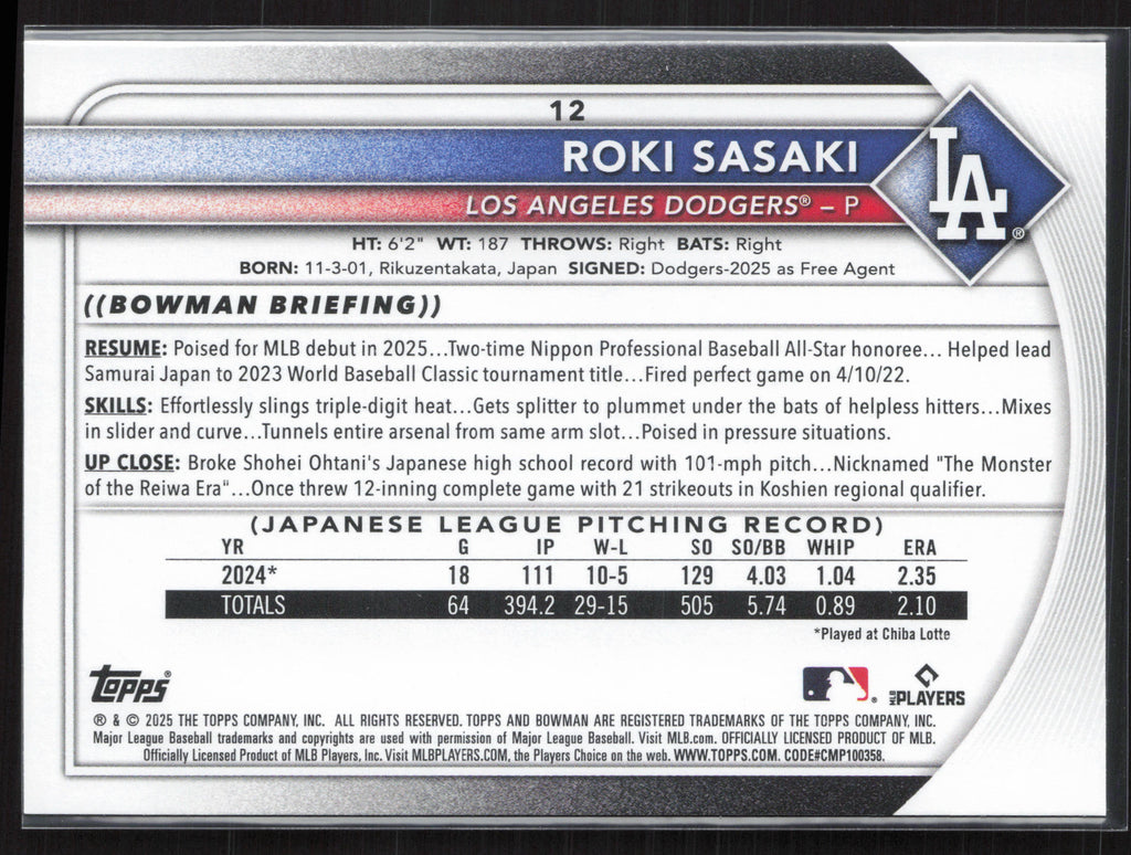 2025 Bowman #12 Roki Sasaki