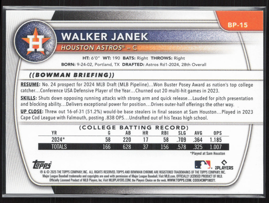 2025 Bowman #BP-15 Walker Janek Prospects