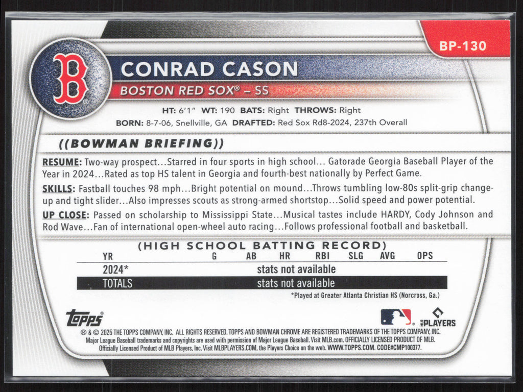 2025 Bowman #BP-130 Conrad Cason Prospects