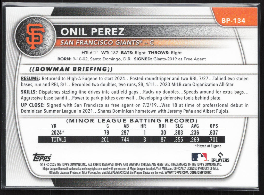 2025 Bowman #BP-134 Onil Perez Prospects