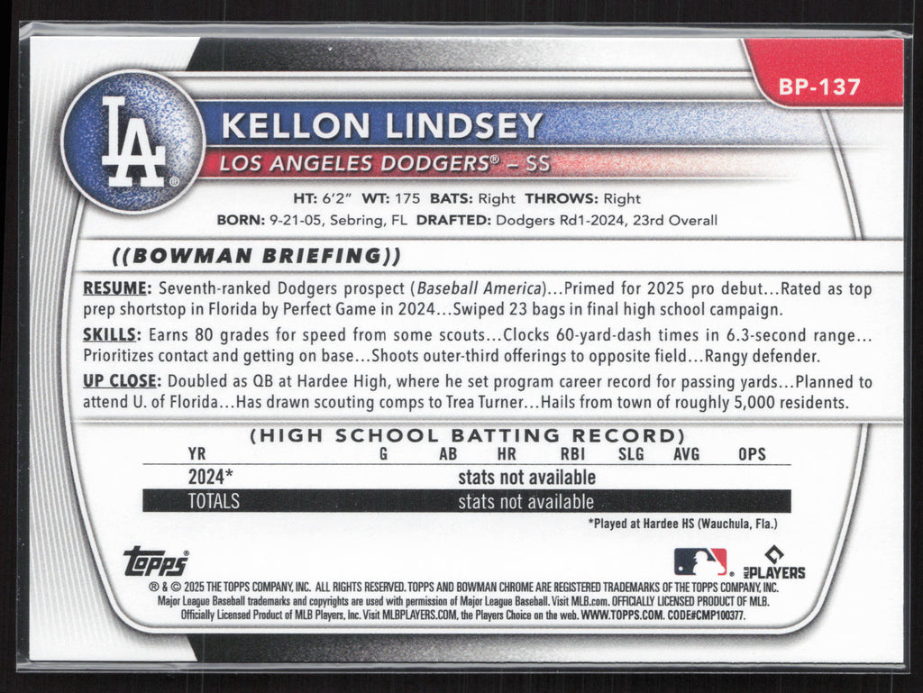 2025 Bowman #BP-137 Kellon Lindsey Prospects