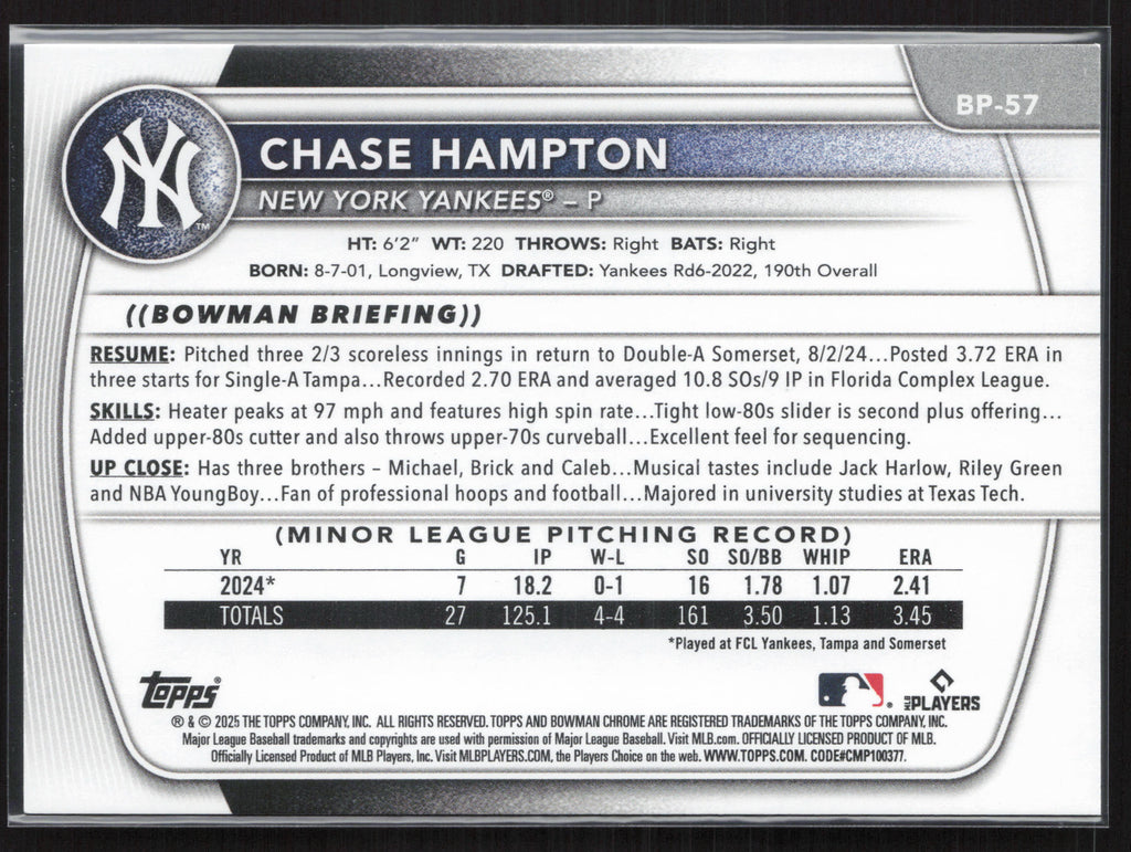 2025 Bowman #BP-57 Chase Hampton Prospects