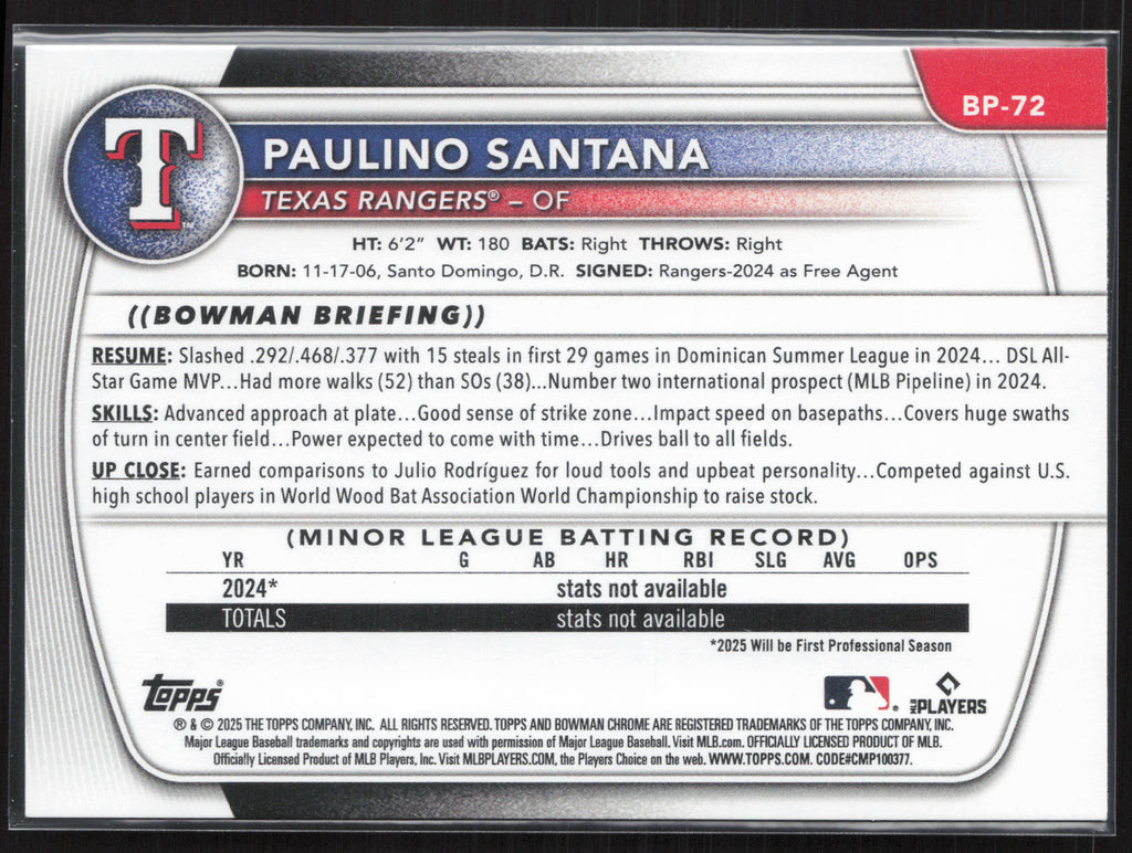 2025 Bowman #BP-72 Paulino Santana Prospects