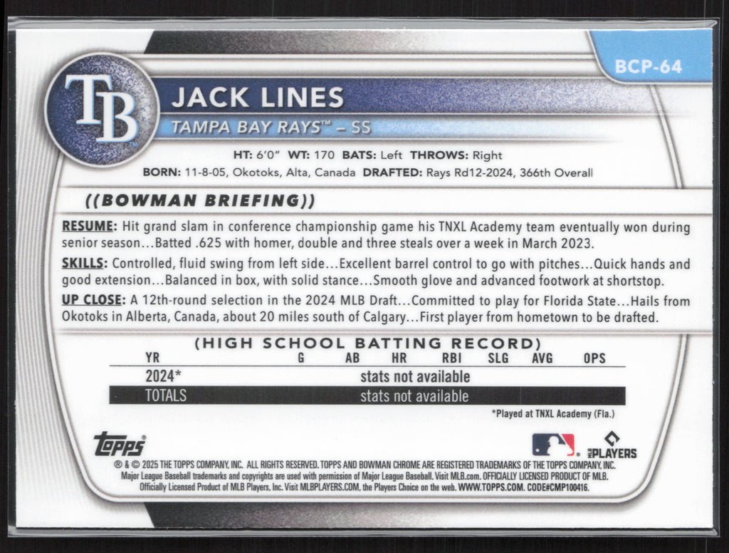2025 Bowman #BCP-64 Jack Lines Chrome Prospects