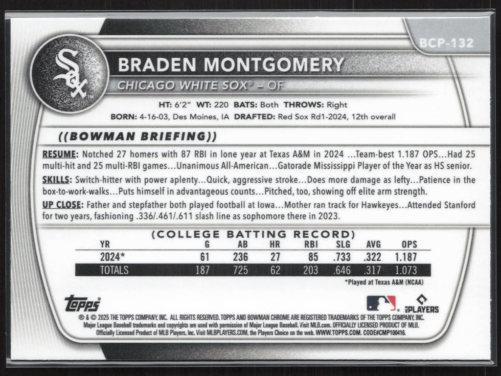 2025 Bowman #BCP-132 Braden Montgomery Chrome Prospects