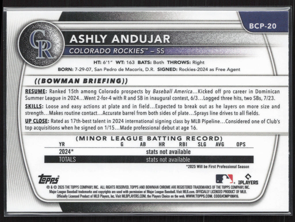 2025 Bowman #BCP-20 Ashly Andujar Chrome Prospects