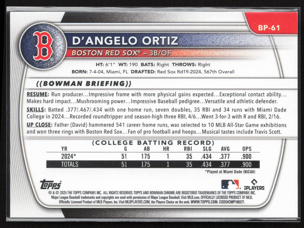 2025 Bowman #BP-61 D'Angelo Ortiz Prospects