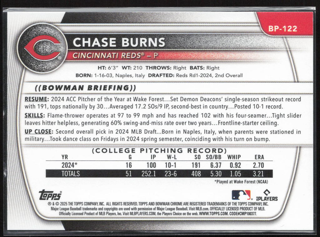 2025 Bowman #BP-122 Chase Burns Prospects