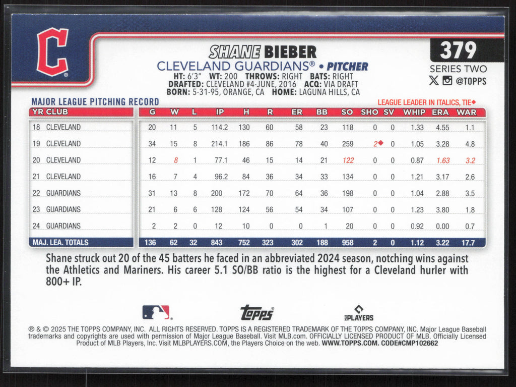 2025 Topps #379 Shane Bieber