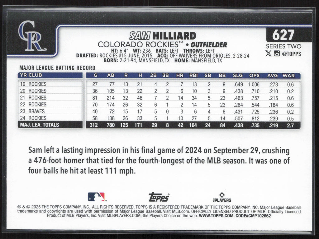 2025 Topps #627 Sam Hilliard