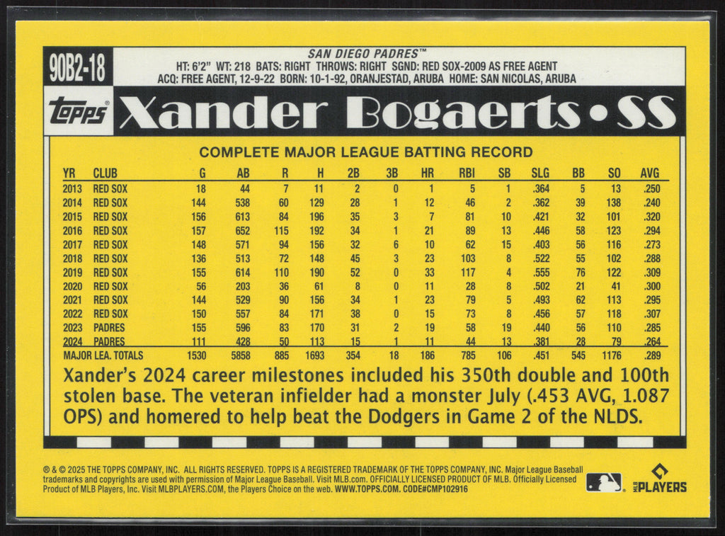 2025 Topps #90B2-18 Xander Bogaerts 1990 Topps Baseball 35th Anniversary