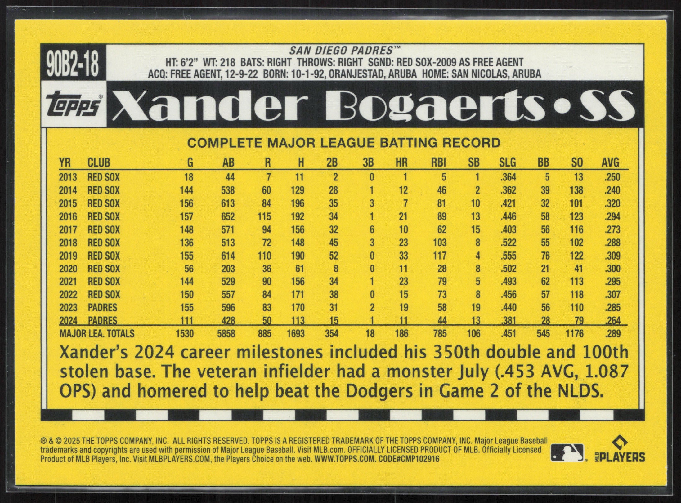 2025 Topps #90B2-18 Xander Bogaerts 1990 Topps Baseball 35th Anniversary