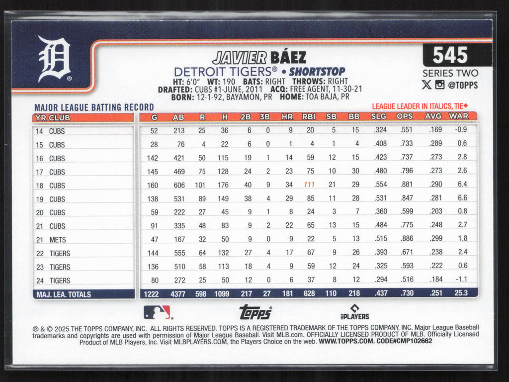 2025 Topps #545 Javier Báez