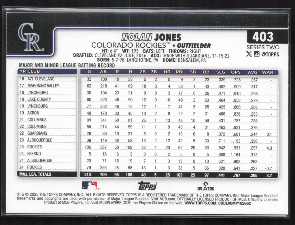 2025 Topps #403 Nolan Jones Sandglitter