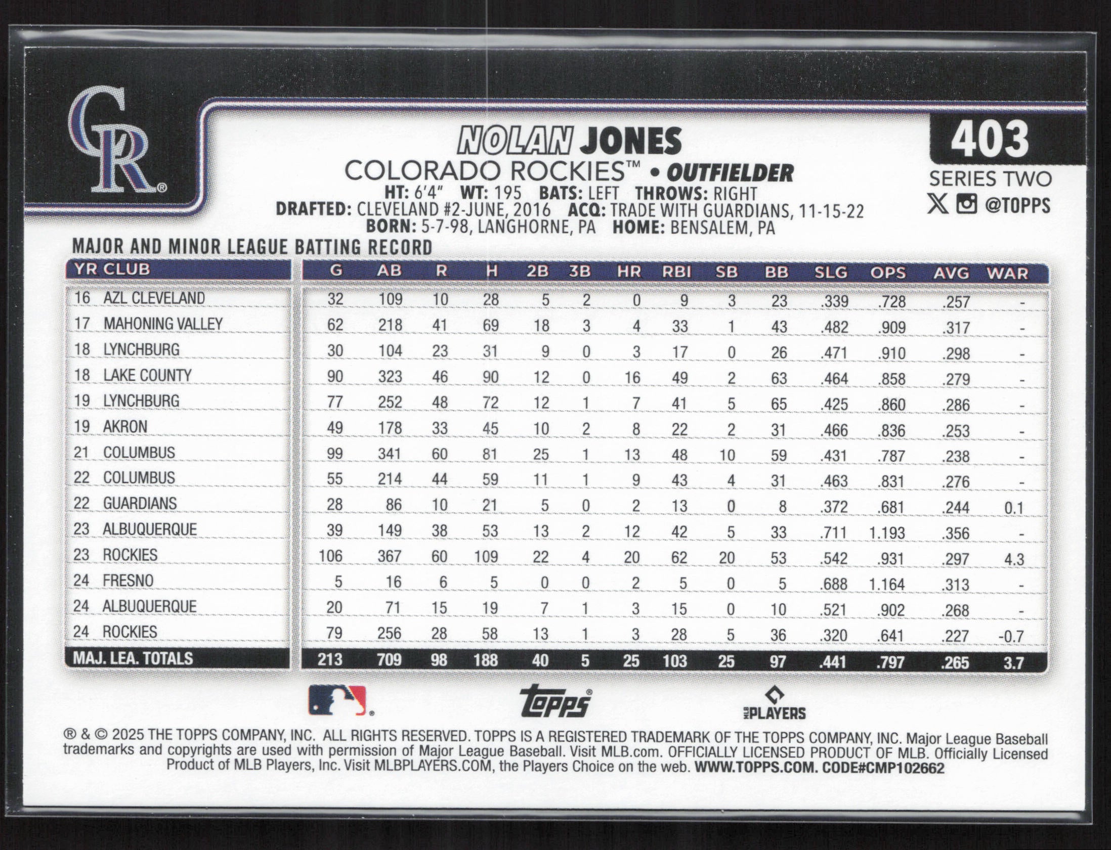 2025 Topps #403 Nolan Jones Sandglitter