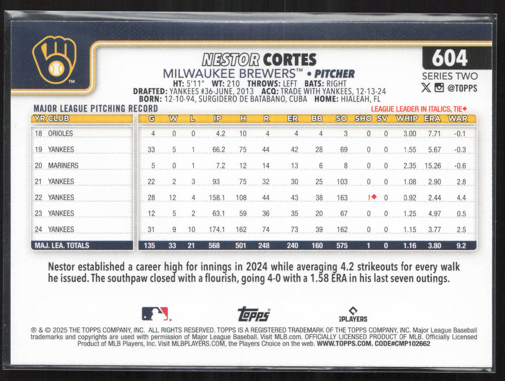 2025 Topps #604 Nestor Cortes