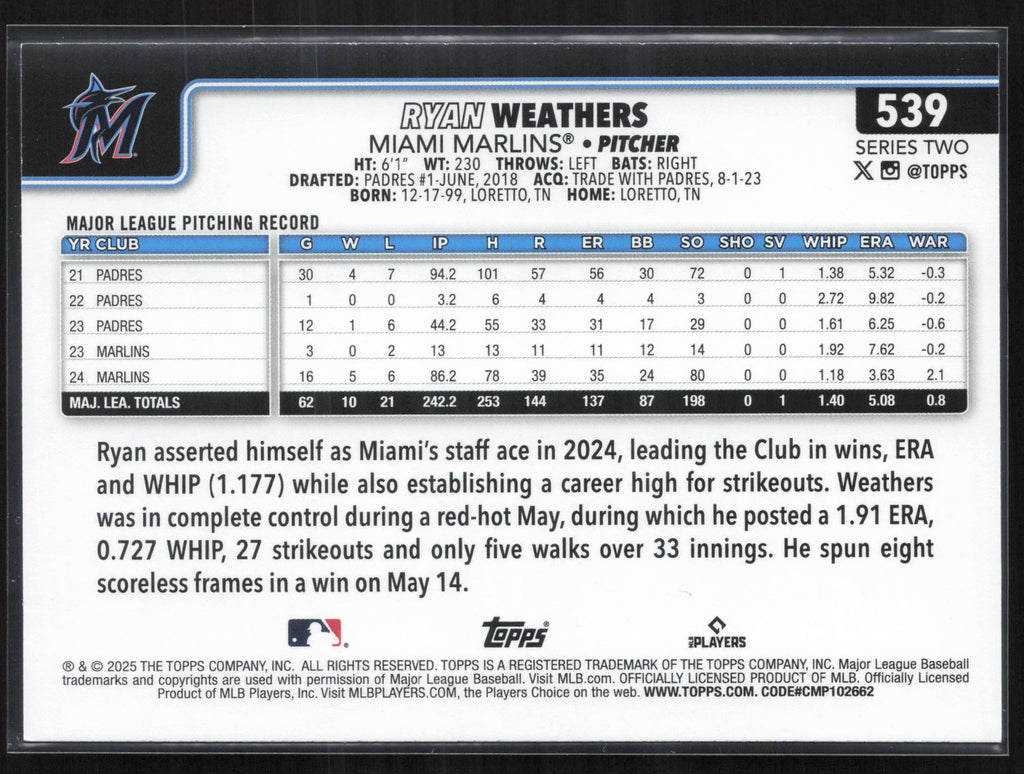 2025 Topps #539 Ryan Weathers