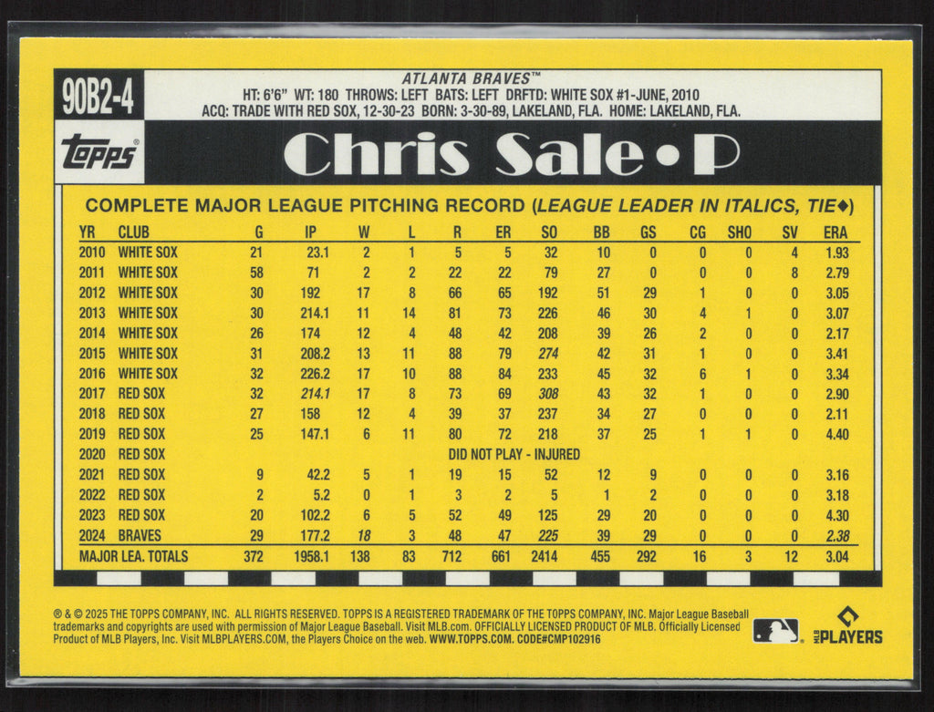 2025 Topps #90B2-4 Chris Sale 1990 Topps Baseball 35th Anniversary