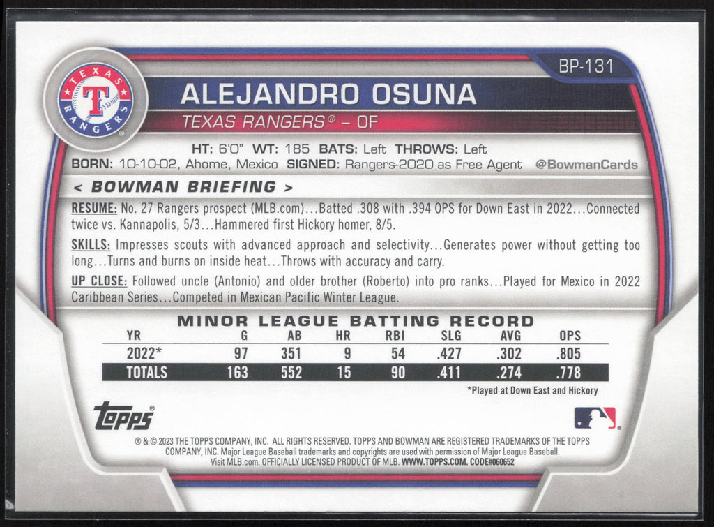 2023 Bowman #BP-131 Alejandro Osuna Prospects