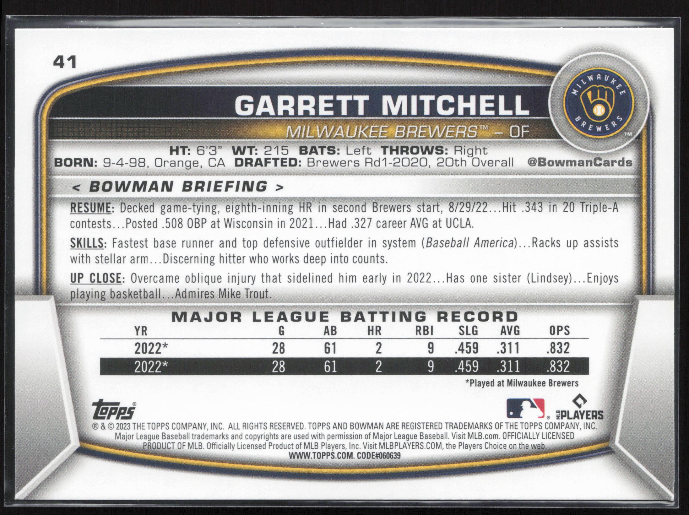 2023 Bowman #41 Garrett Mitchell