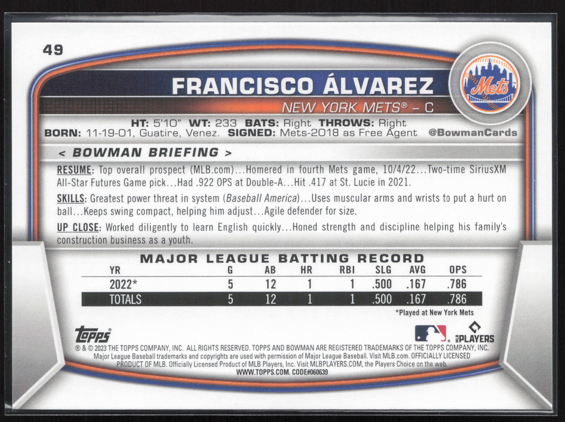 2023 Bowman #49 Francisco Alvarez