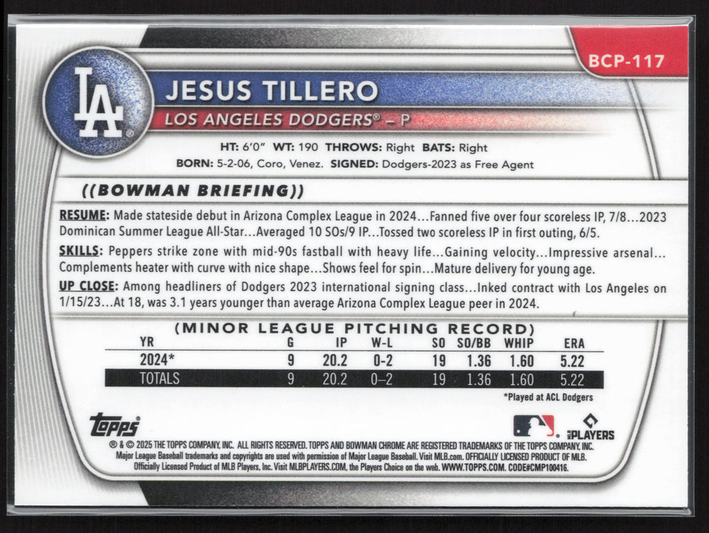 2025 Bowman #BCP-117 Jesus Tillero Chrome Prospects