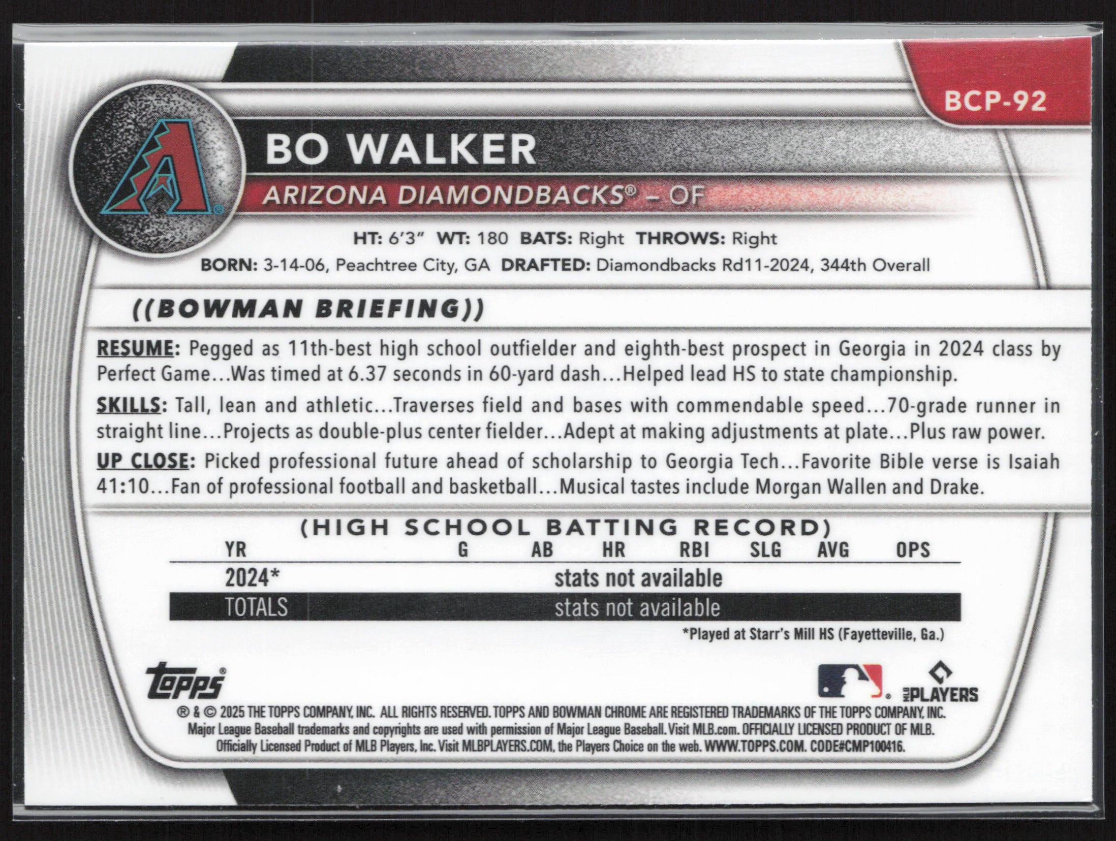 2025 Bowman #BCP-92 Bo Walker Chrome Prospects
