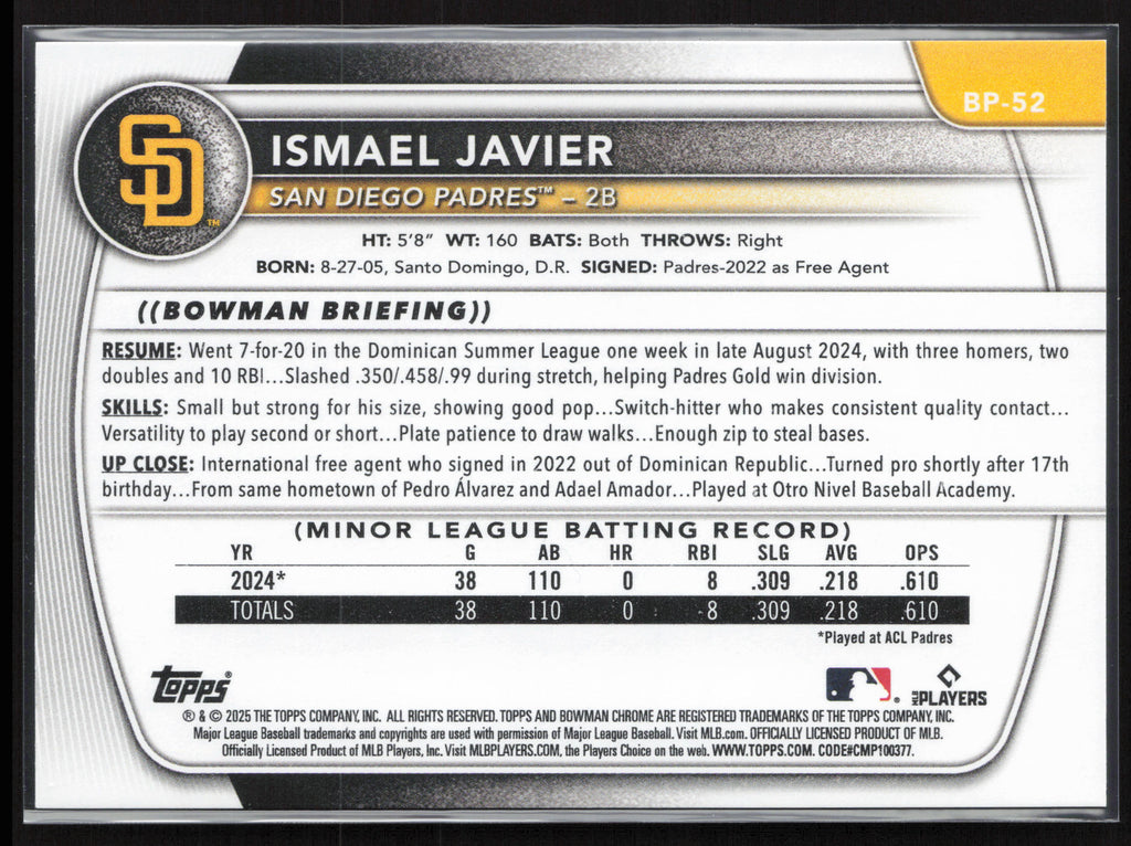 2025 Bowman #BP-52 Ismael Javier Prospects