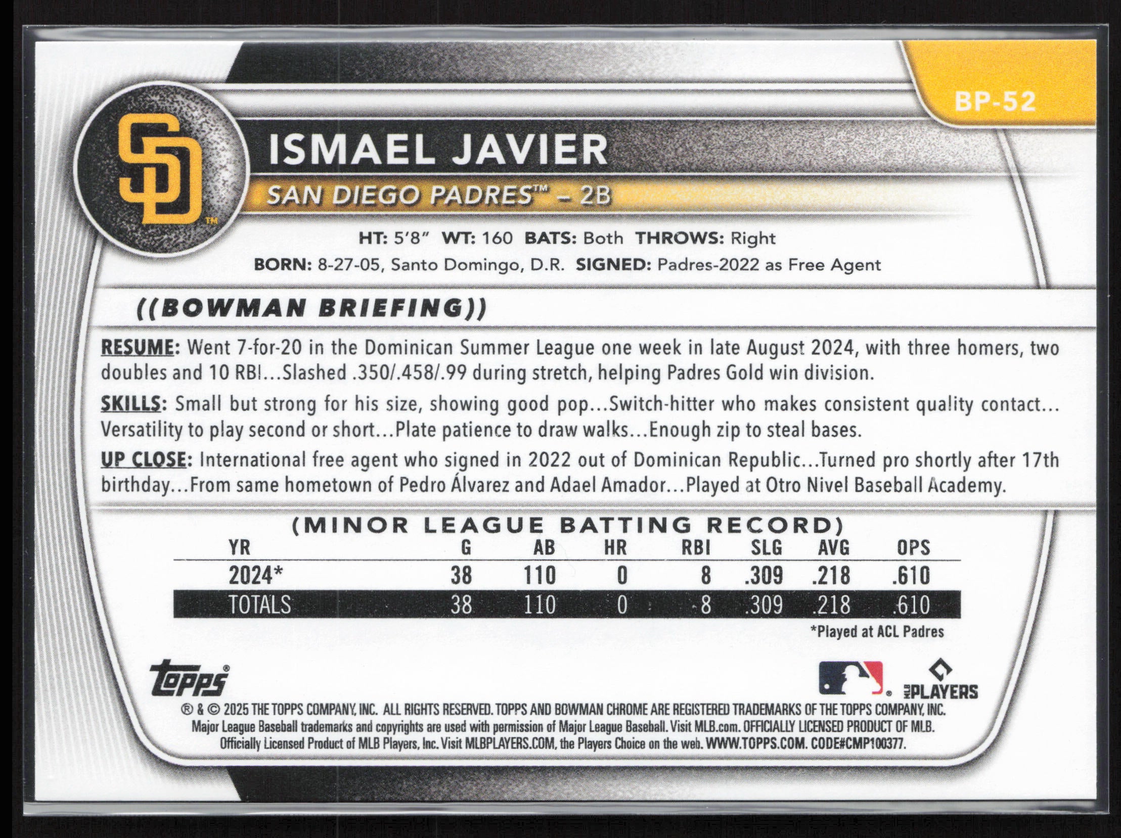 2025 Bowman #BP-52 Ismael Javier Prospects