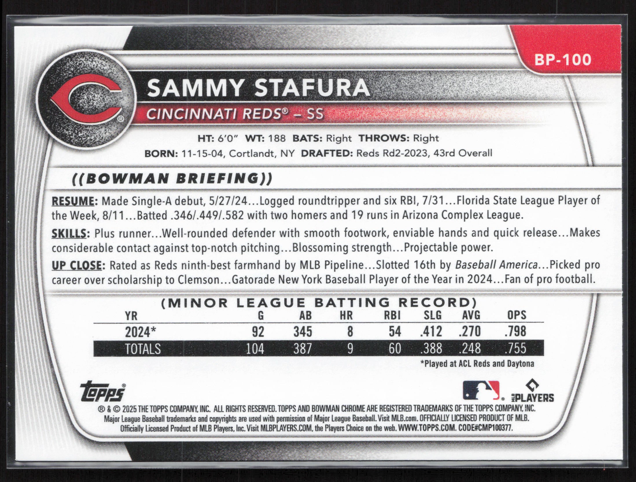 2025 Bowman #BP-100 Sammy Stafura Prospects