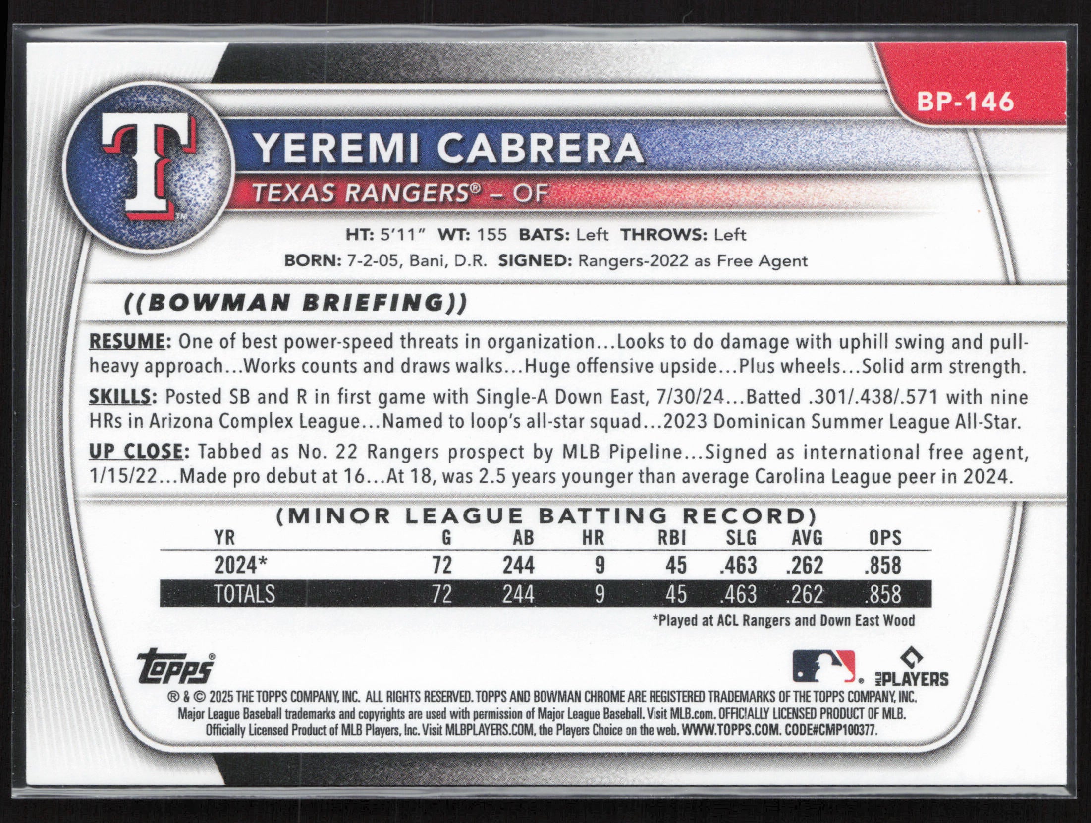 2025 Bowman #BP-146 Yeremi Cabrera Prospects
